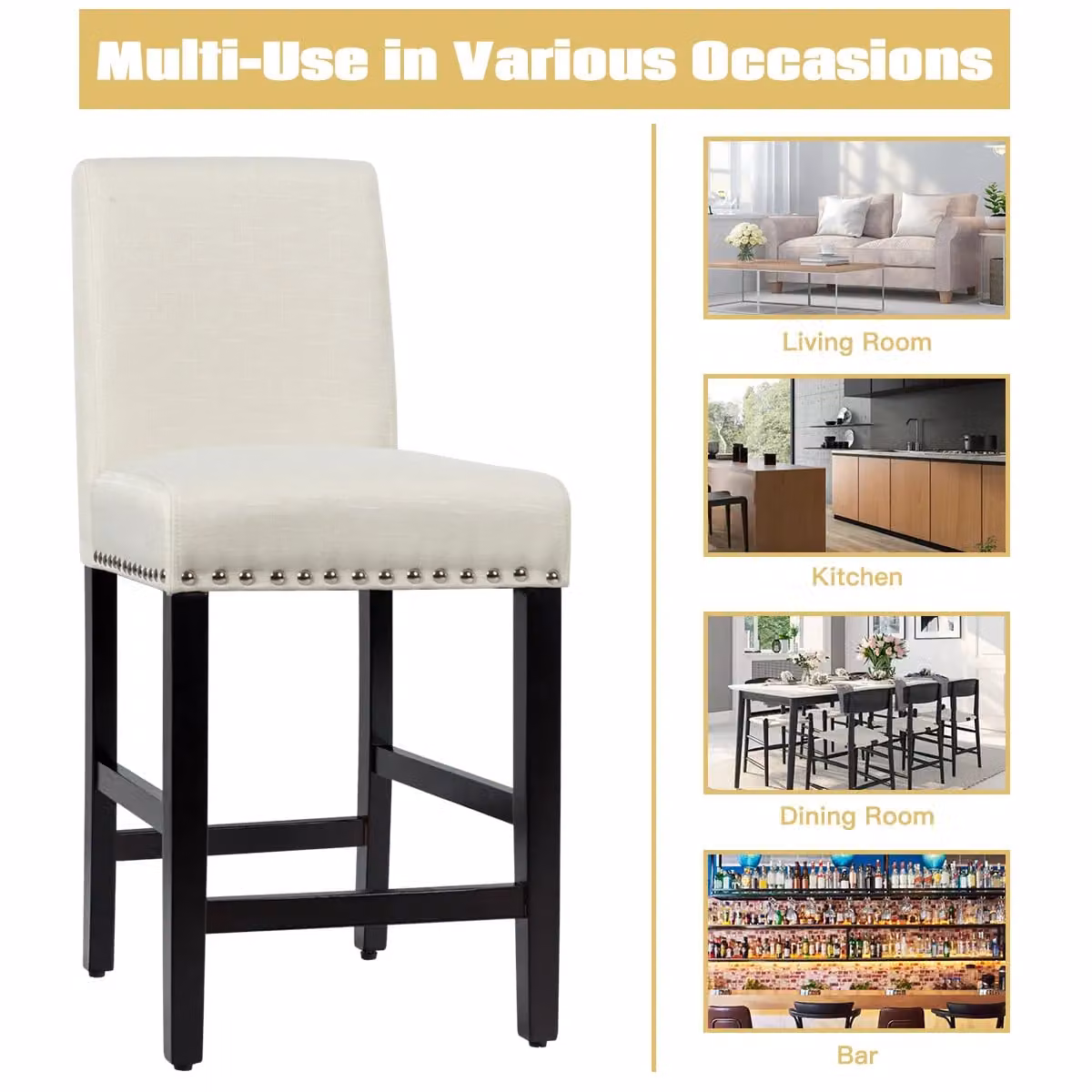 Costway Set of 2 Beige Upholstered Counter Height Bar Stools with Low Backrest and Wide Fabric Seats – 3