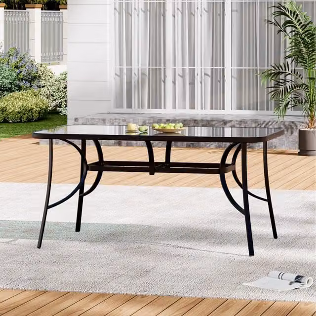 Livingandhome Modern Rectangular Metal and Glass Garden Table with Parasol Hole in Matt Black