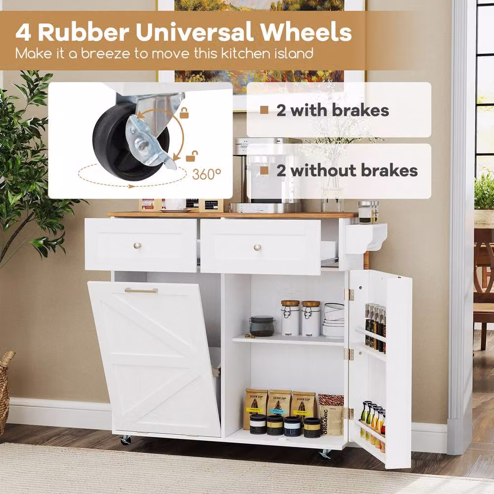 Costway Rolling Kitchen Island with Drop Leaf and 2 Drawers in White – 3