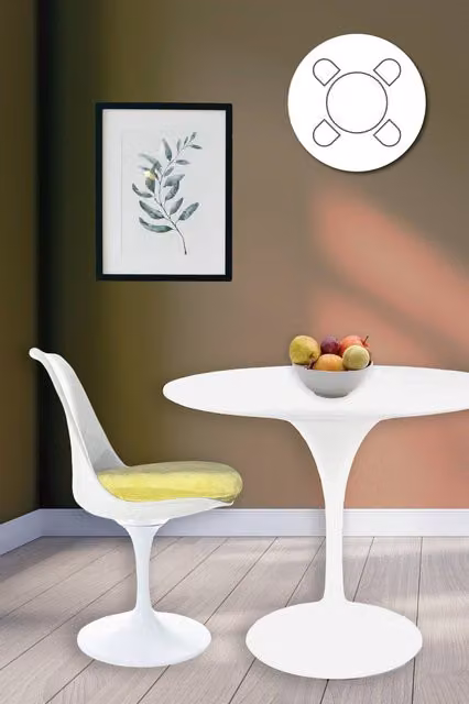 Fusion Living Tulip Dining Set with White Round Table and Four Chairs with Yellow Cushions