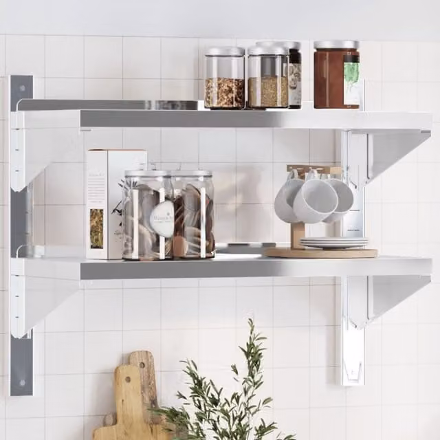 Berkfield Home 2-Tier Wall Mounted Metal Shelf in Silver, W/D/H: 75 x 30 x 60 cm