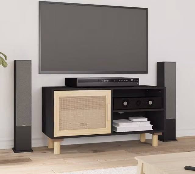 Berkfield Home Black TV Cabinet in Solid Pine and Natural Rattan, W/D/H: 80 x 30 x 40 cm – 1