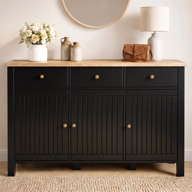 DHS Linra Black Lacquered Sideboard Cabinet with Wood Top W/D/H: 135 x 43 x 81 cm