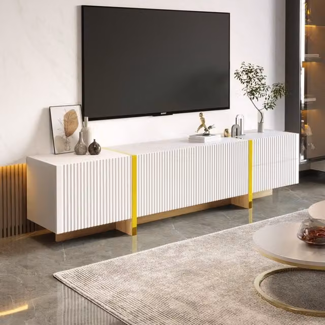 Aosom UK Elegant Modern TV Cabinet with Large Storage and Soft-Close Hinges, Gold and White, W: 190 cm, D: 35 cm, H: 45 cm – 1