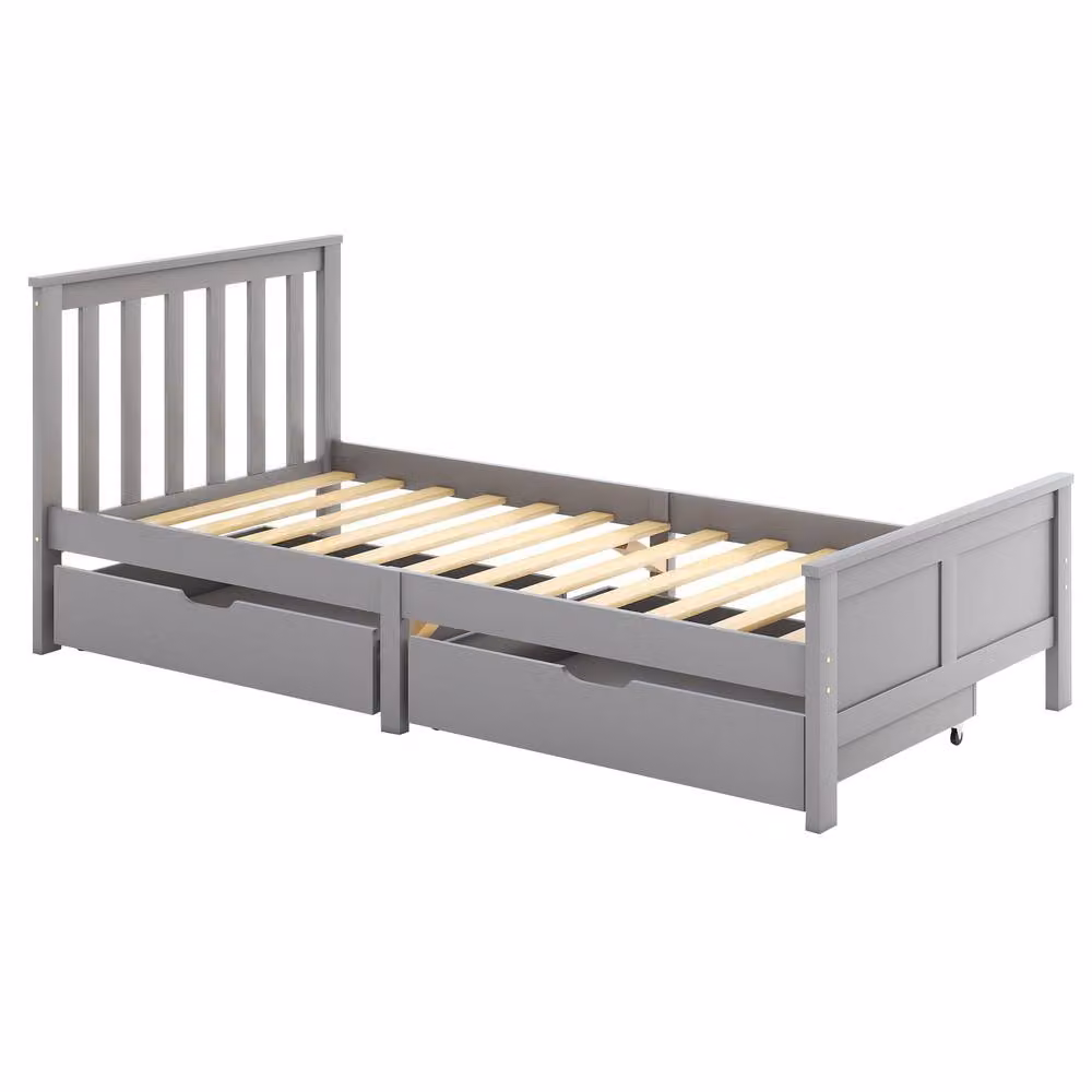 ModernLuxe Single Wooden Bed with Under-bed Drawers, Solid Pine Frame, Grey, W/D/H: 90 x 190 x 30 cm – 2