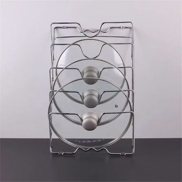 SPETLEK Wall Mounted Metal Pot Lid Holder and Pan Cover Storage Rack in Metallic Silver