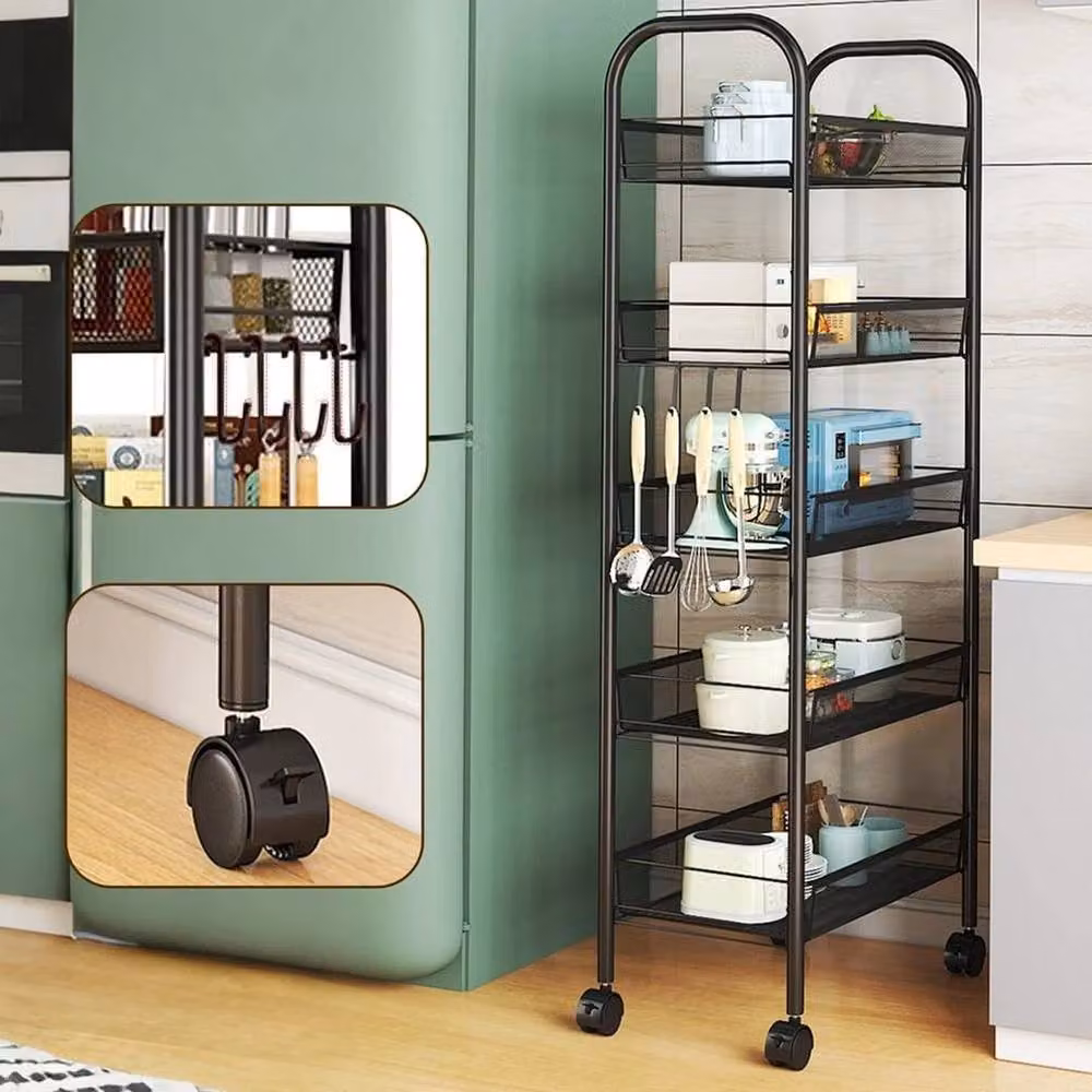 NESTLUNE 5 Tier Rolling Free Standing Kitchen Storage Cart in Matt Black, W/D/H: 100 x 15 x 5 cm – 4