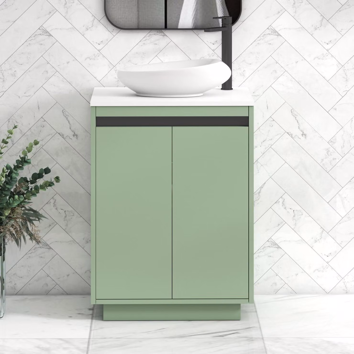 Royal Bathrooms Orion 600mm Mint Sage Floor Standing 2 Door Vanity Unit with Nova Basin and Black Accent Trim