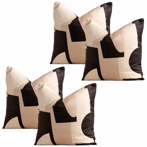 OHS Pack of 4 Abstract Geometric Matt Velvet Cushion Covers in Black, White and Beige, W/D/H: 45 x 45 x 45 cm