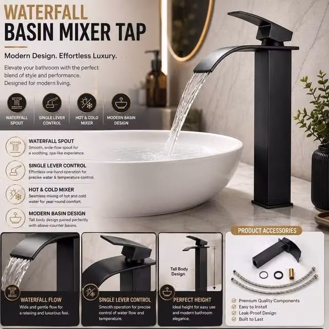 ATEK Black Waterfall Tall Basin Mixer Tap with Chrome Finish, Single Lever Brass Monobloc Faucet for Bathroom or Kitchen Sinks – 1