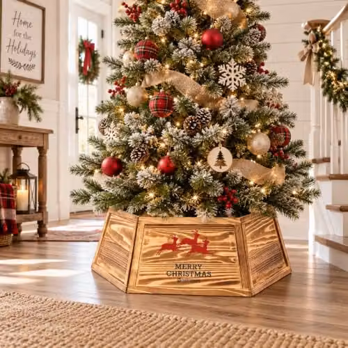 Shatchi Rustic Hexagon Wooden Christmas Tree Collar in Brown and Beige, 80 cm Diameter – 5
