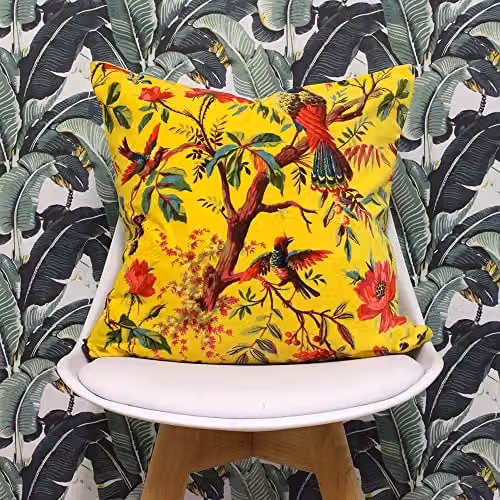 Riva Paoletti Paradise Square Cushion with Colourful Bird Print in Yellow Faux Velvet and Cotton, W/D/H: 50 x 50 x 50 cm – 2