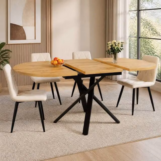 STILVORA Extendable Round Dining Table with X Metal Frame in Brown Wood