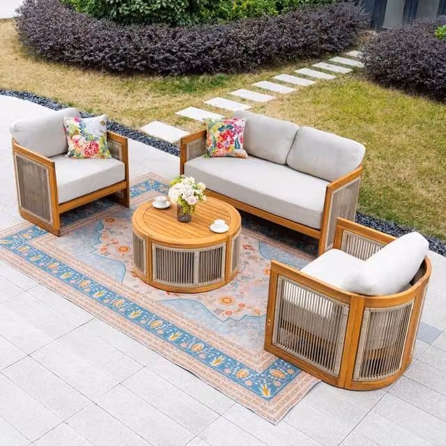 Mimo Outdoor Rope Acacia Wood Loveseat Sofa and Round Coffee Table Set in Natural with Beige Upholstered Cushions