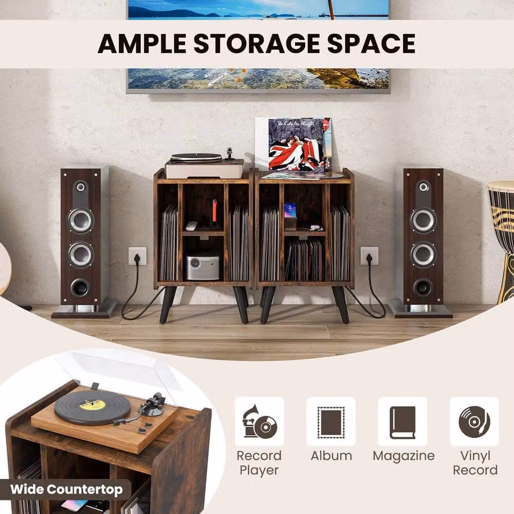 Costway Record Player Stand and Vinyl Record Storage Side Table with Power Outlet in Brown – 6