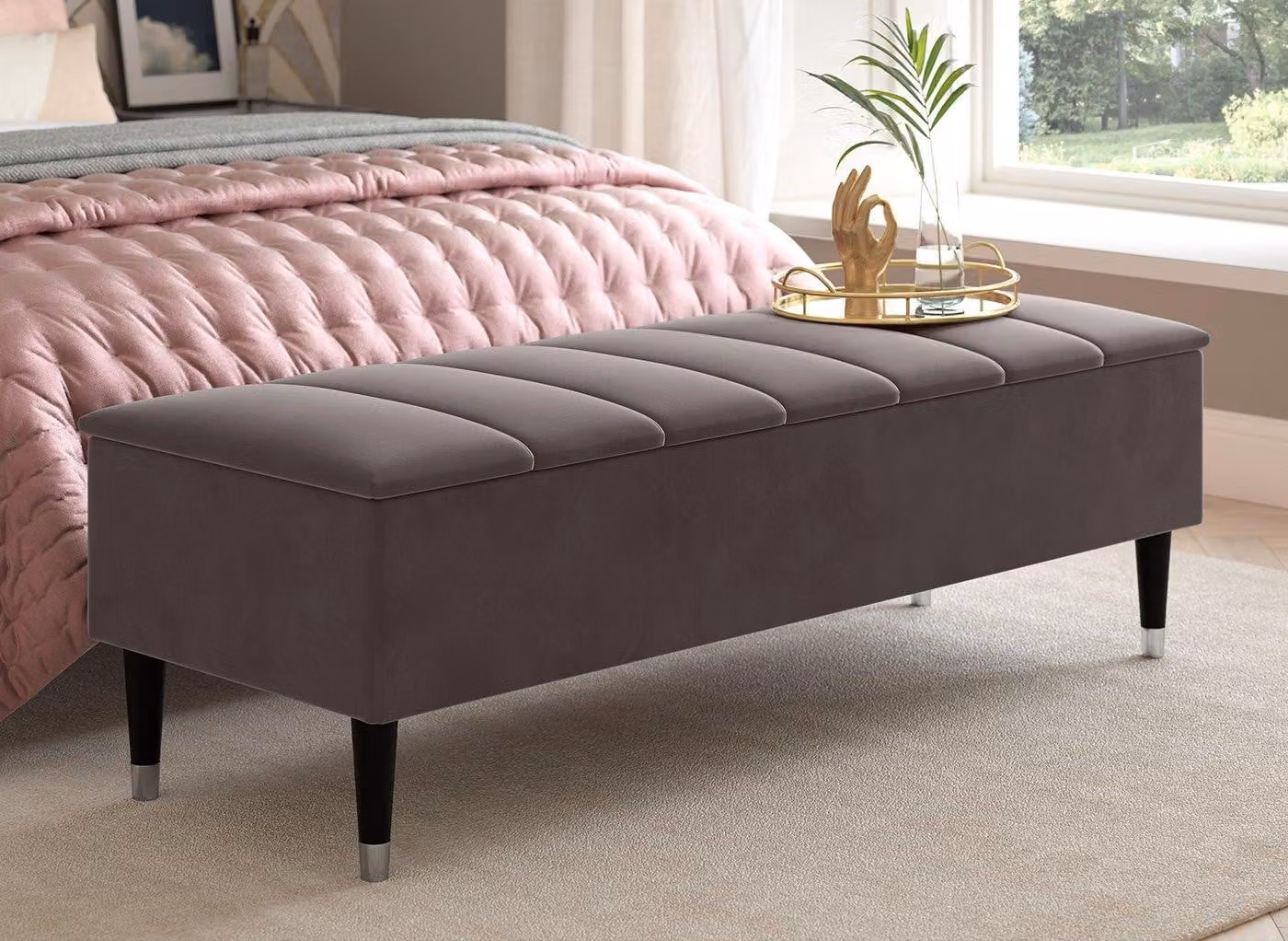 Dreams Batten Velvet-Finish Blanket Box in Blue, Gold, Grey or Silver