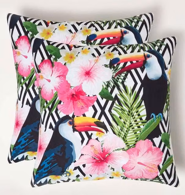 Homescapes Set of 2 Tropical Toucan Outdoor Cushions, Pink and Multicolour, W/D/H: 45 x 45 x 45 cm