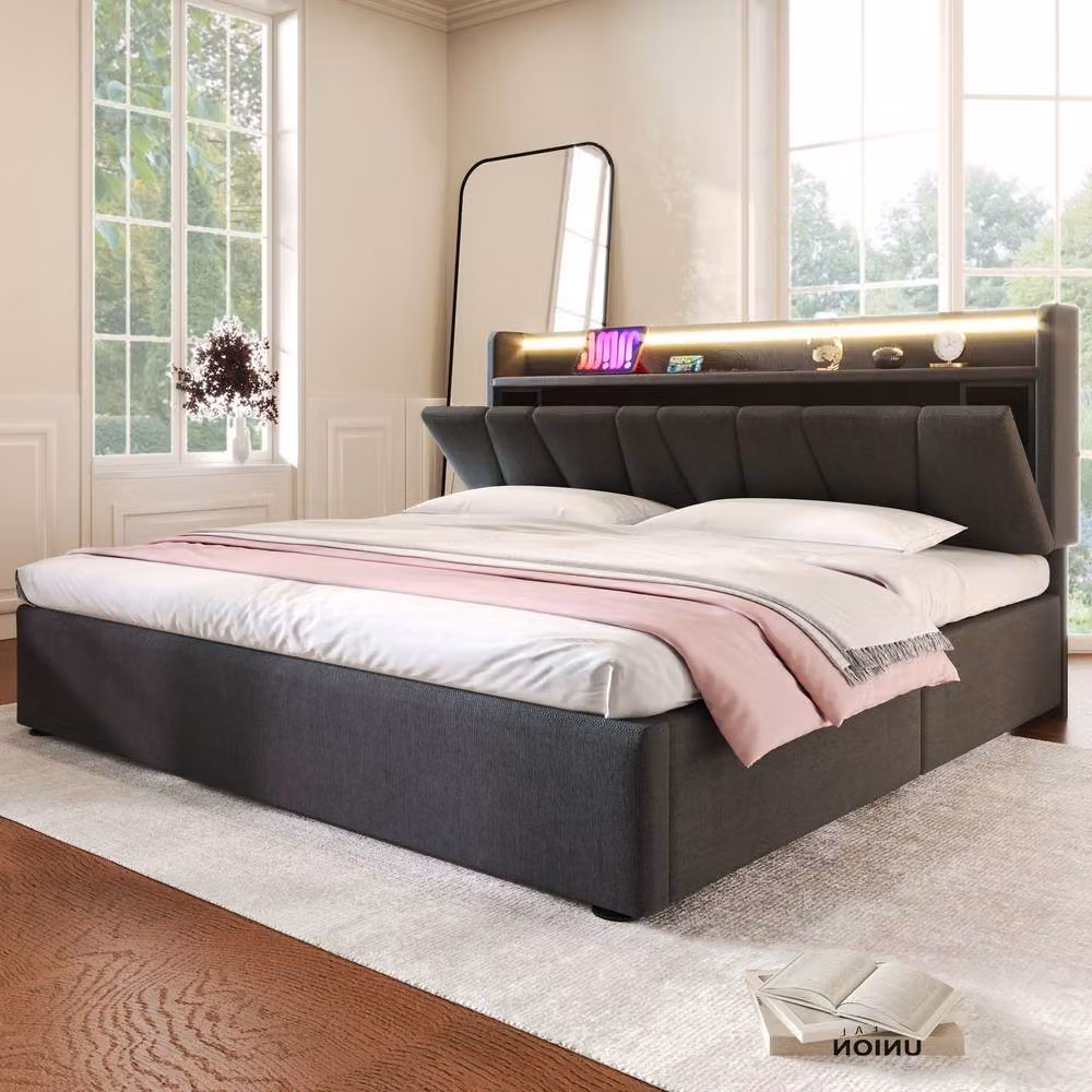 ModernLuxe Grey Upholstered King Size Ottoman Bed with LED Lighting, USB Charging Ports and Storage Headboard, H 105 cm x W 150 cm x D 200 cm – 6