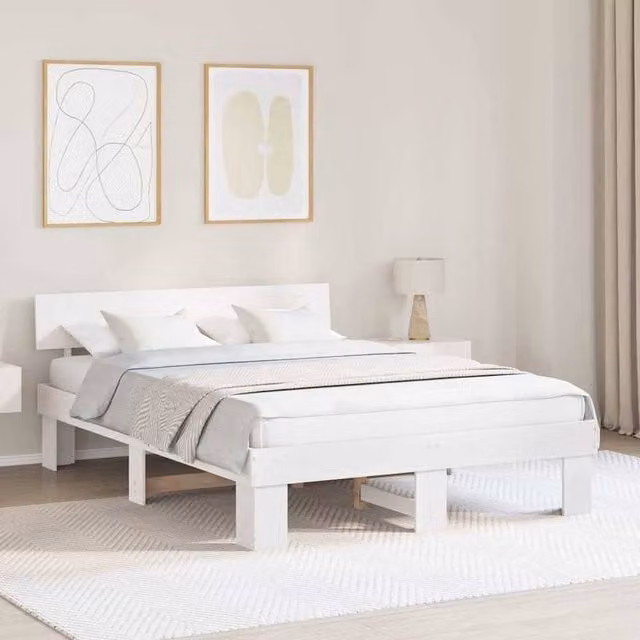 Berkfield Home Solid Pine Wood Bed Frame with Headboard in White, W/D/H: 160 x 200 cm
