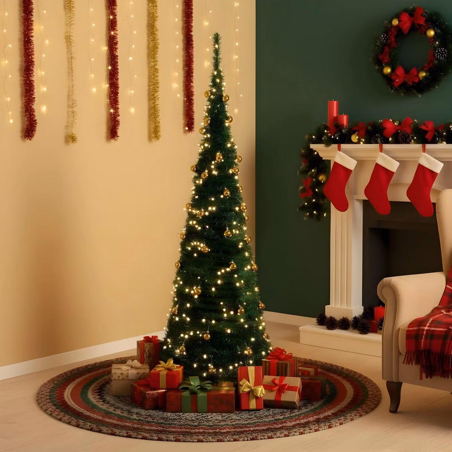 Shatchi 4ft Prelit Pop Up Christmas Tree with Warm White LED Lights and Gold Baubles in Green – 2