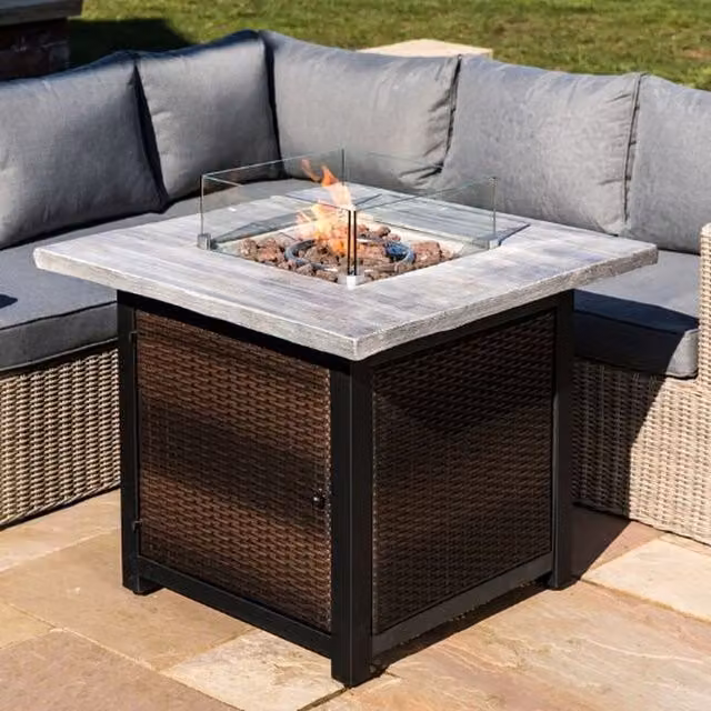 Teamson Home Propane Gas Fire Pit Table with Lava Rocks and PVC Cover in Brown and Grey, W/D/H: 86 x 70 x 86 cm