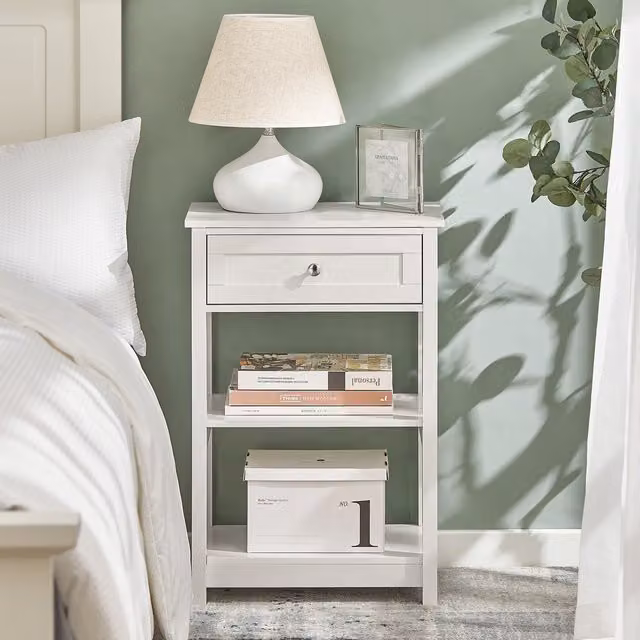 SoBuy Modern White Bedside Table with 1 Drawer and 2 Shelves, W: 45 cm, D: 30 cm, H: 68 cm
