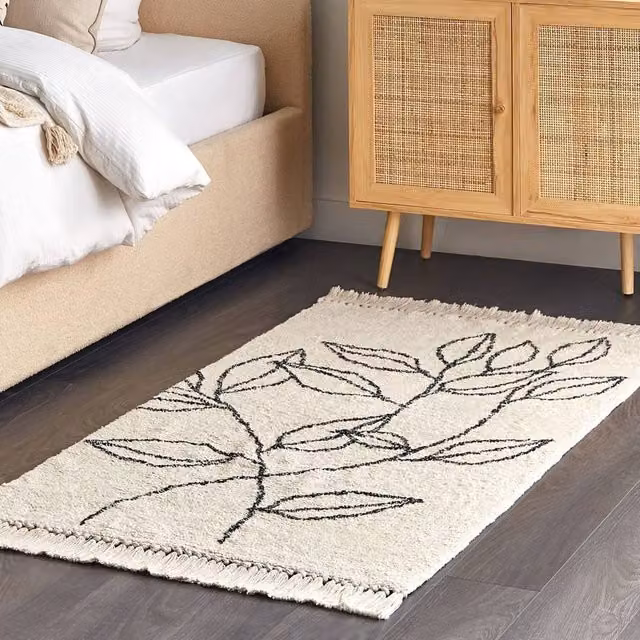 Wyld and Coco Beige and Black Floral Cotton Hand-Tufted Rectangular Rug W: 80 cm, L: 150 cm – 1