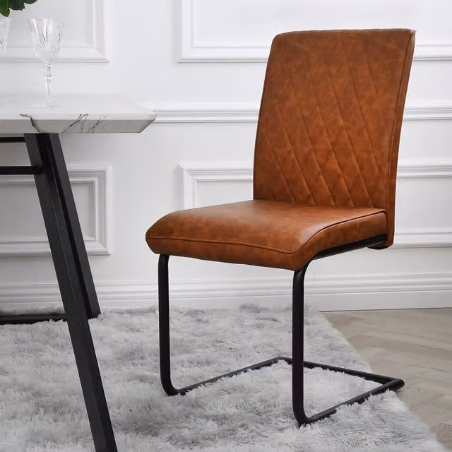 Home Garden Direct Set of 2 Nelson Industrial Dining Chairs in Brown Synthetic Leather with Metal Cantilever Base