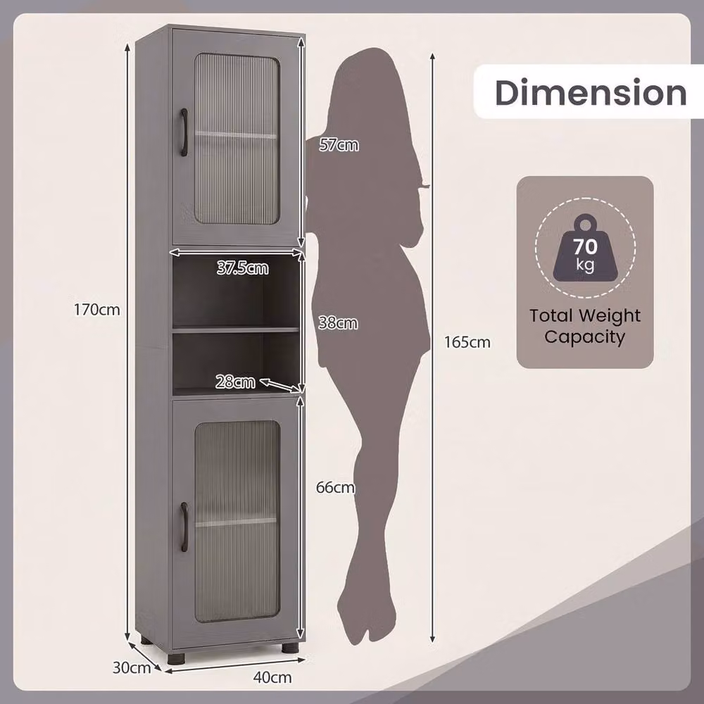 SPETLEK Modern Grey Freestanding Cabinet with Glass Doors for Living Room, Kitchen or Bathroom, H 170 x W 100 x D 50 cm – 2