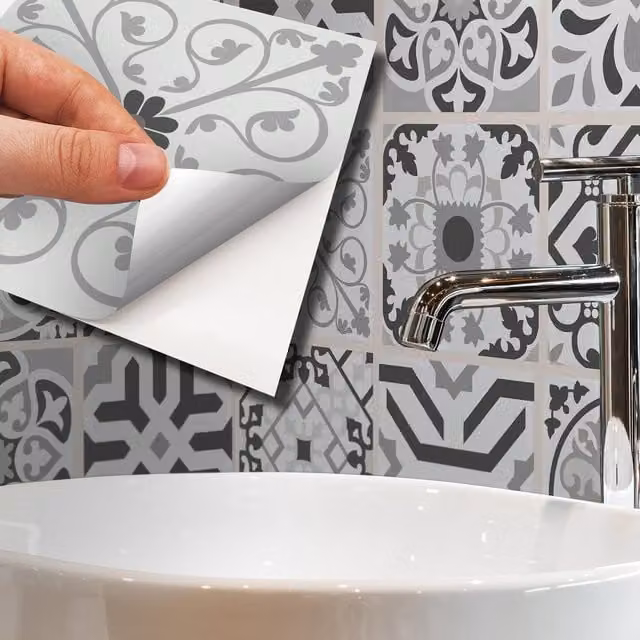 Walplus Adhesive Mediterranean Floral Wall Tile Stickers in Grey and Light Grey, 15 x 15 x 15.5 cm, 24 Pack