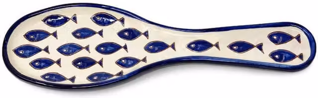 Verano Spanish Ceramics Signature Blue and White Hand Painted Fish Ceramic Utensil Spoon Rest, Length: 28 cm