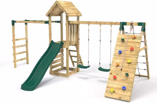Rebo Modular Wooden Climbing Frame with Swing, Slide and Climbing Wall in Green/Dolomite
