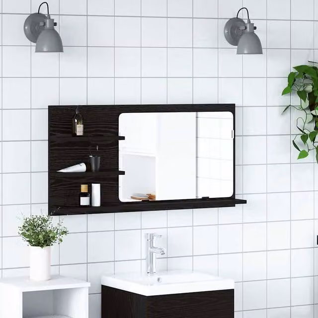 Berkfield Home Black Oak Modern Bathroom Mirror Cabinet with Glass Doors, W/D/H: 90 x 11 x 45 cm – 1