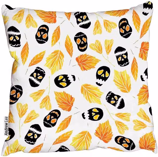 Andrew Lee Halloween Pattern Cushion with Ghosts, Pumpkins, Skulls and Autumn Leaves in Yellow and White