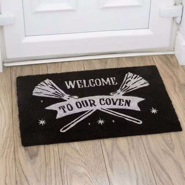 Kingsbury Gifts Black and Silver Graphic Welcome to Our Coven Rectangular Coir Doormat