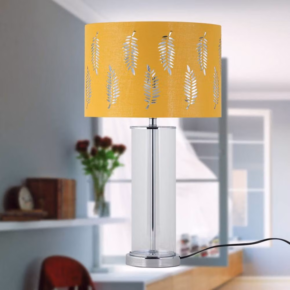 First Choice Lighting Aura Chrome Table Lamp with Silver Inner Shade and Yellow Fern Cut Out Details – 3