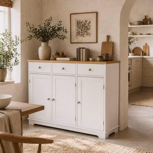 Wyld Haus Totoro Sideboard with White Body and Natural Rubberwood Top, 3 Doors and 3 Drawers
