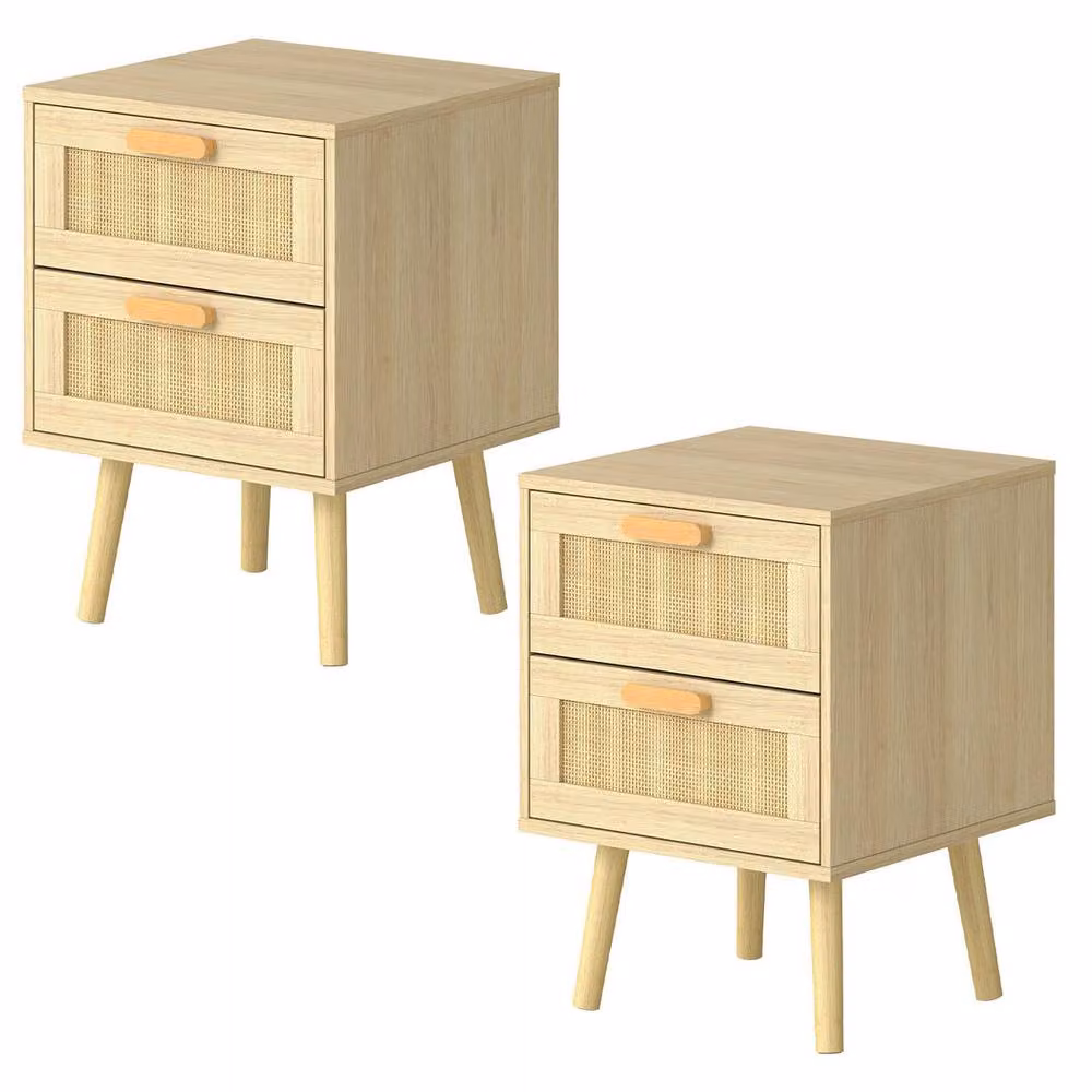 Levede 2 Pack Rattan and Bamboo Bedside Tables with 2 Drawers in Natural Brown – 2