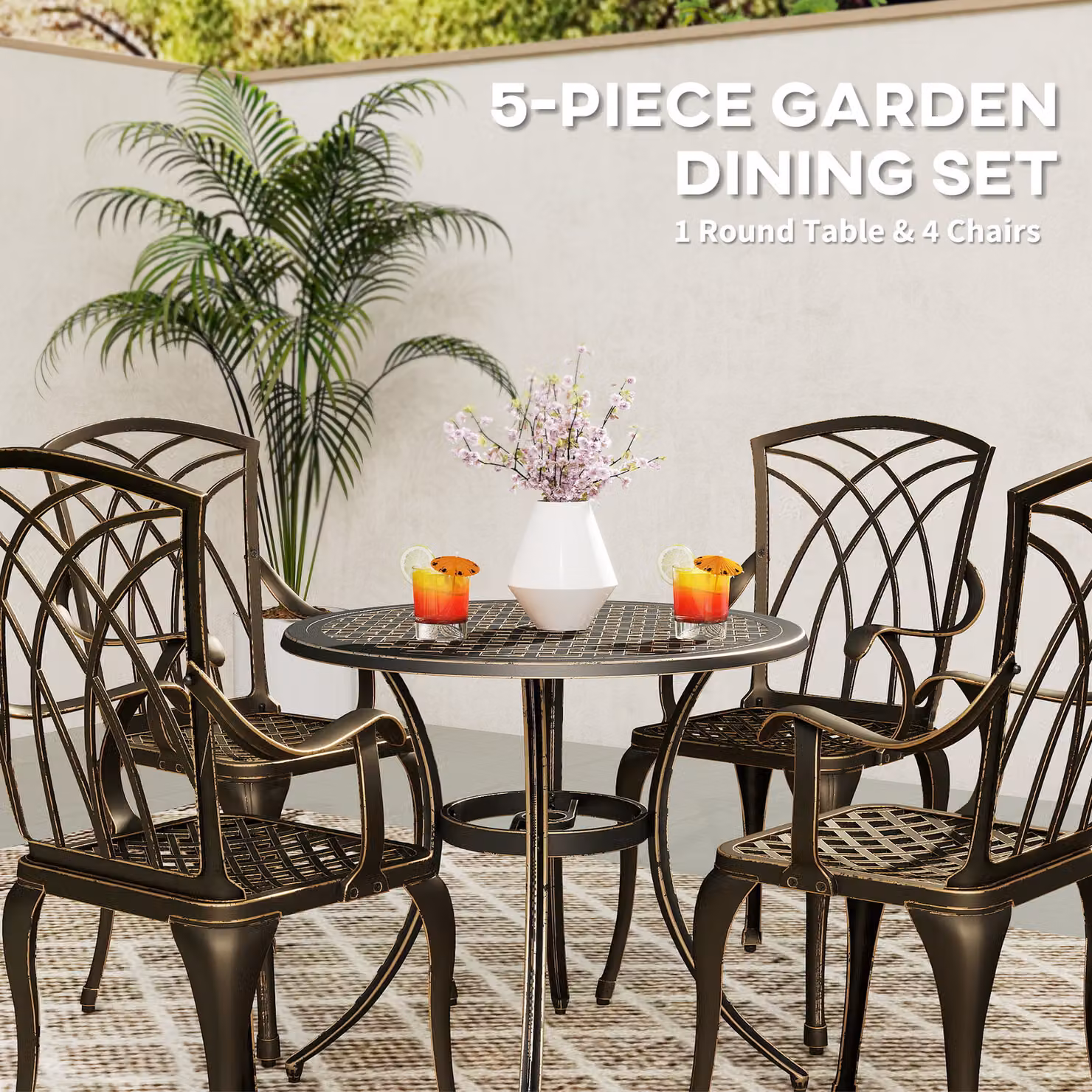Outsunny 5 Piece Garden Dining Set in Bronze Tone, Cast Aluminium Outdoor Set with 4 Armchairs and Round Dining Table with Parasol Hole – 4