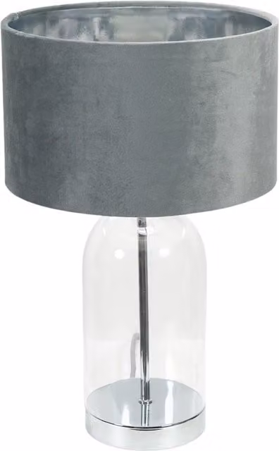 ValueLights Jessy Glass Table Lamp with Grey Velvet Shade and Chrome Inner Trim