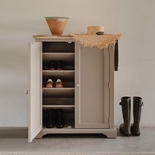 Florence Shoe Storage Cabinet by Statement Furniture in Brown and Yellow Acacia Wood, H 110 cm x W 90.5 cm x D 36 cm
