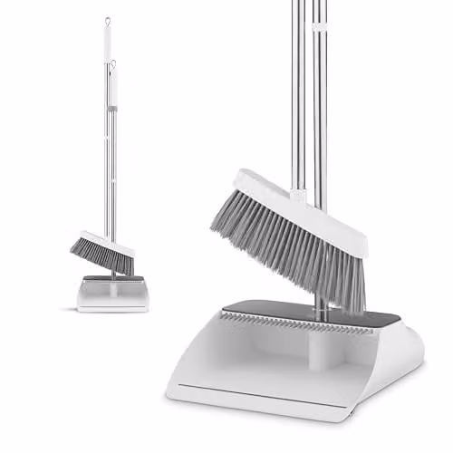 Swan Elevate Long-Handled Dustpan and Brush Set with Angled Feathered Soft Bristles and Built-in Retractable Comb, White