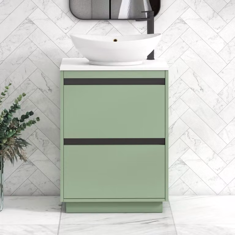 Royal Bathrooms Orion 600mm Mint Sage Floor Standing 2 Drawer Vanity Unit with Amaze Basin and Black Accent Trim