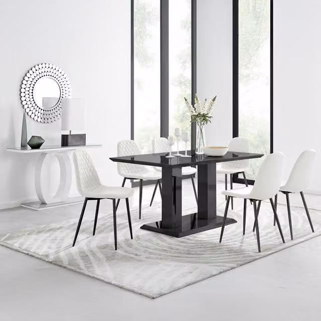 FurnitureboxUK Imperia White Rectangular Dining Table with 6 Black Corona Faux Leather Chairs