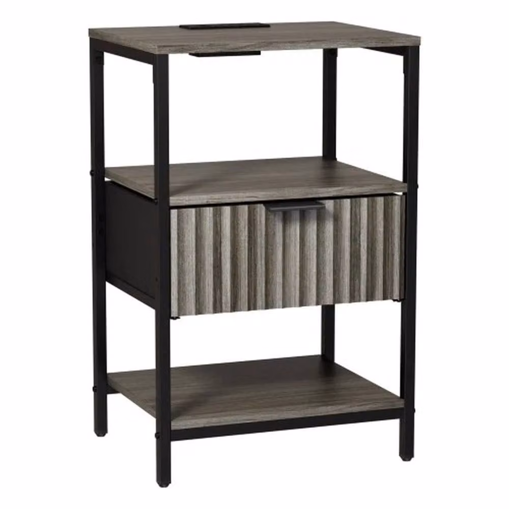FORGEVIO Wood Bedside Table with Charging Station and Drawer in Grey – 5