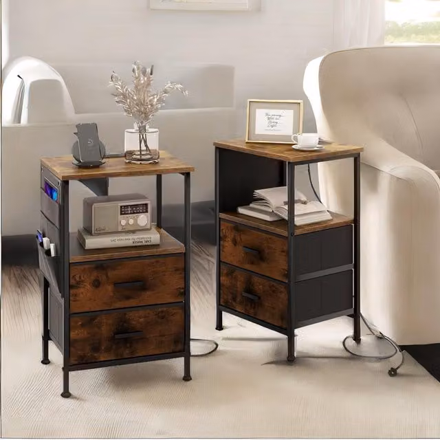 Pirlo Plush Set of 2 Industrial Bedroom Bedside Tables with Charging Station in Rustic Brown