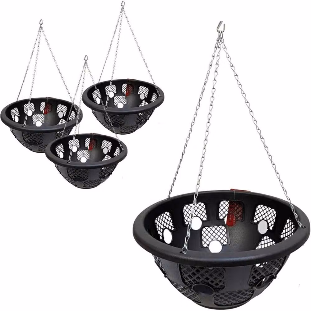 FLAVORA Pack of 3 Black Plastic Hanging Baskets with Chains, Diameter: 35.56 cm – 4