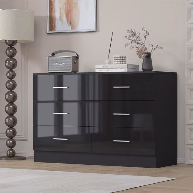 REFLECT 6 Drawer Wide Chest in Black High Gloss and Black Oak Matt Finish