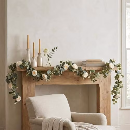 Homescapes Artificial Rose and Eucalyptus Floral Garland in White, Pink and Green – 2