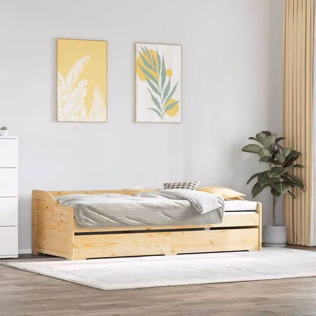 Berkfield Home Scandinavian Style Solid Pine Daybed with Trundle in Natural, W/D/H: 200 x 90 x 66.5 cm – 1